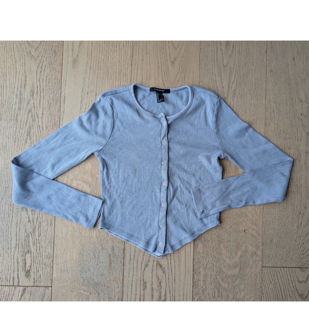 Forever 21 Womens Top Long Sleeve Button‎ Front Ribbed Gray Size L